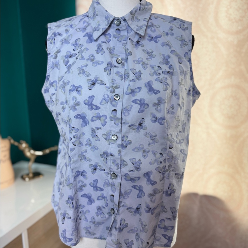 Haley Purple Sleeveless Button Down Top Collar Cotton Butterfly Print